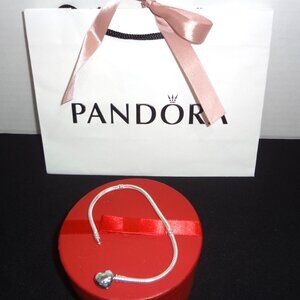 New-Pandora 8" Snake Chain Bracelet with Heart Shape Closure